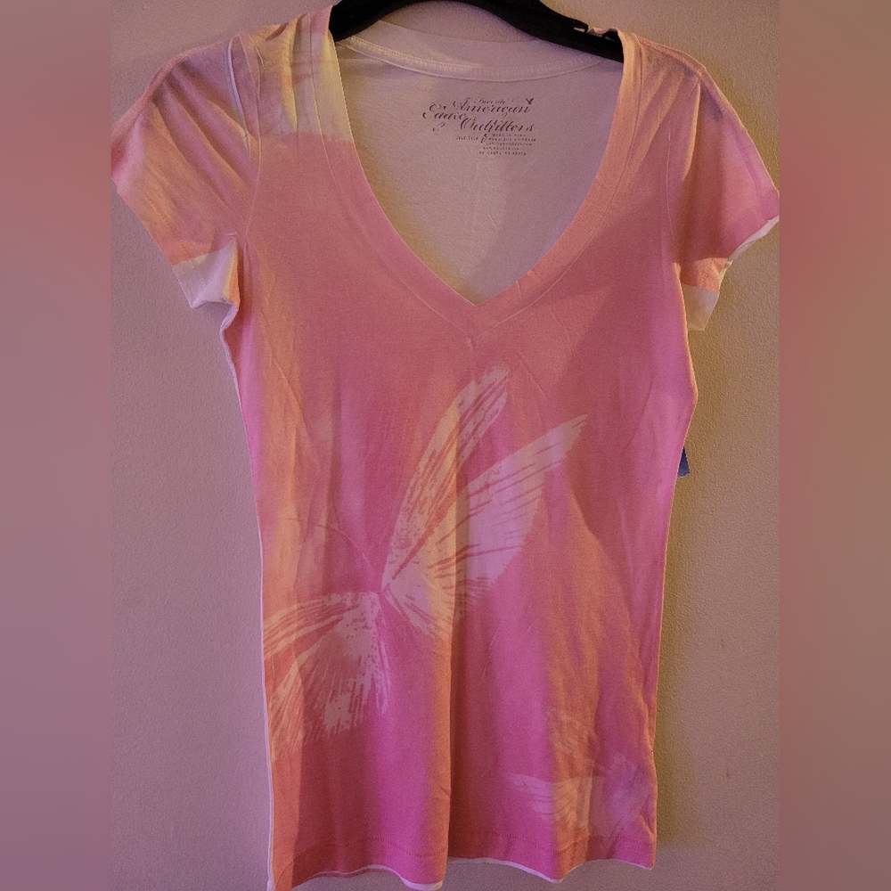 American Eagle Outfitters Pink and White Butterfly V-Neck Tee